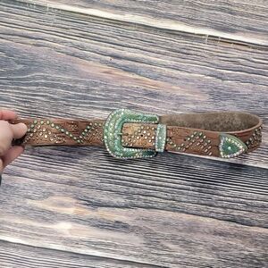 Women's Genuine Studded Brown Leather Belt with Green Accents